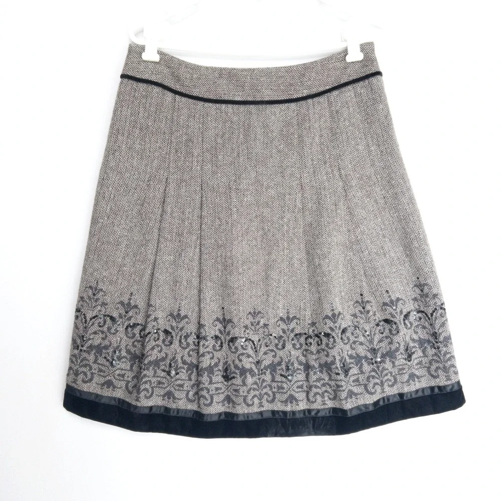 Loft Herringbone Sequins Velvet Trim Wool Blend Embroidered Skirt Womens 10 L - Picture 3 of 16